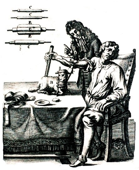 انتقال خون از گوسفند به انسان، اثر ماتیوس پورمان (Matthaus Purmann)، هنرمند اسپانیایی (1707م). برگرفته از https://collectmedicalantiques.com/sites/default/files/gallery-images/bp0000000249.1282090438.jpg/.