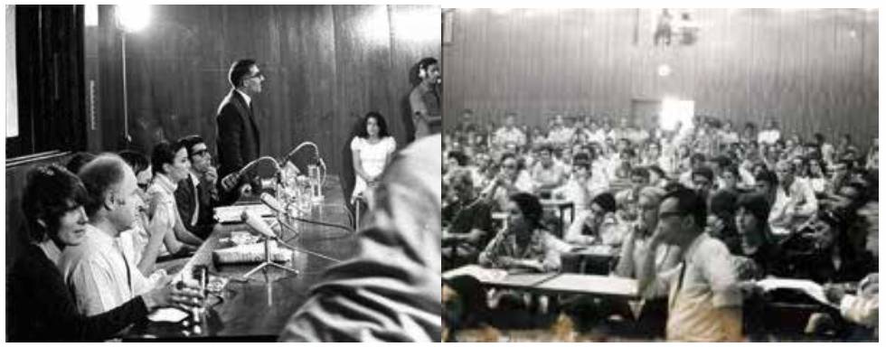 Daily public forum, 1970; L-R: Erika Munk, Raymonde Temkine (hidden), Jerzy Grotowski, Núria Espert, Arby Ovanessian, Karim Mojtahedi (standing, moderator) 