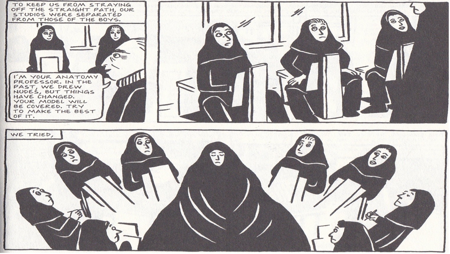 Figure 1. Satrapi, The Complete Persepolis, 299. Graphic Novel Excerpt from PERSEPOLIS 2: THE STORY OF A RETURN by Marjane Satrapi, translated by Anjali Singh, translation copyright © 2004 by Anjali Singh. Used by permission of Pantheon Books, an imprint of the Knopf Doubleday Publishing Group, a division of Penguin Random House LLC. All rights reserved.