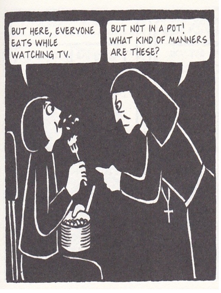 Figure 6. Satrapi, The Complete Persepolis, 133, 177. Graphic Novel Excerpt from PERSEPOLIS: THE STORY OF A CHILDHOOD by Marjane Satrapi, translation copyright © 2003 by L’Association, Paris, France. Used by permission of Pantheon Books, an imprint of the Knopf Doubleday Publishing Group, a division of Penguin Random House LLC. All rights reserved. Graphic Novel Excerpt from PERSEPOLIS 2: THE STORY OF A RETURN by Marjane Satrapi, translated by Anjali Singh, translation copyright © 2004 by Anjali Singh. Used by permission of Pantheon Books, an imprint of the Knopf Doubleday Publishing Group, a division of Penguin Random House LLC. All rights reserved. 